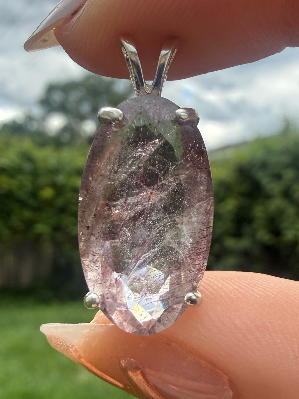 Super 7 AAAA Solid Sterling Silver Princess Faceted Oval Pendant Melody Stone